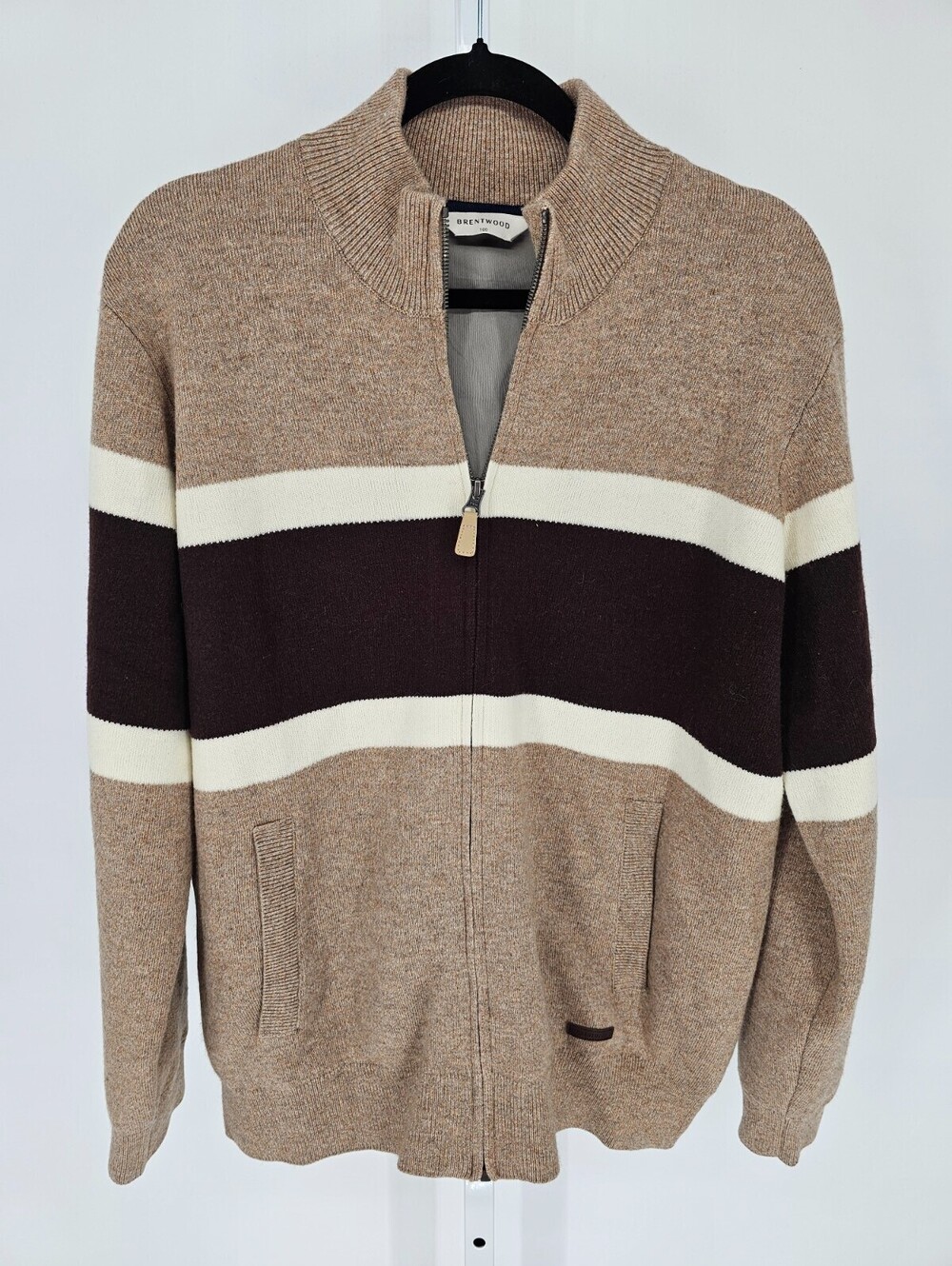 Brentwood Sportswear Mens Sz XL Full Zip Up Wool Blend Sweater Beige Brown